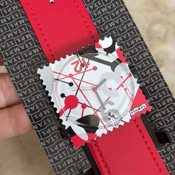 NEW! STAMPS Red Strap Oversized Square Funky Abstract Multicolour Watch in Box - Picture 5 of 8